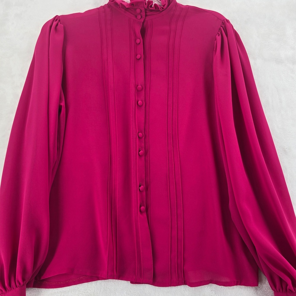 Josephine Blouse Womens Large Blouse‎ Pink Ruffle Neck Button Front Pleated
